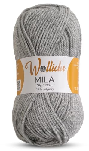 Wollidu Mila Garn zum Häkeln und Stricken 1 x 50g/133m Strickgarn 100% Polyacryl Häkelgarn Hellgrau