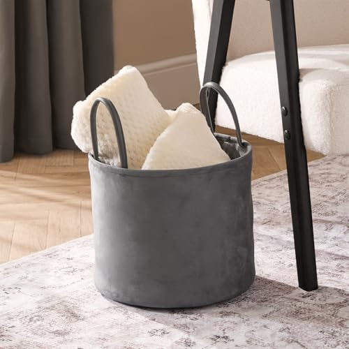 OHS Matte Velve Storage Basket, Space Saving Basket Storage with Handles for Living Room Bedroom Soft Decorative Charcoal Grey Laundry Baskets for Clothes Toys Blankets