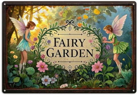 Aroutde Gardening Gifts Vintage Garden Mental Tin Signs  FAIRY GARDEN Retro Fairies Plants Picture for Home Garden Greenhouse Yard Decor (8x12 Inch)