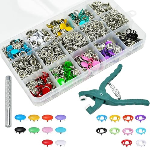Zithgen Lot de 240 Paires de Boutons-Pression en Métal - 10 Couleurs - Diamètre 9.5mm, Épaisseur : 3 mm - avec Pince Métallique et Poinçon - pour Vêtements Jeans, Cuir, Sacs & Artisanat DIY