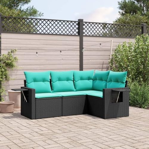 Runheo 4-teiliges Gartensofa-Set, schwarzes Polyrattan mit Kissen, modulares Design, klappbare Beistelltische, UV-beständig, für Terrasse, Balkon, Garten