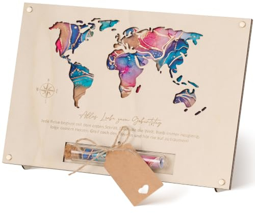 Hestya Geldgeschenke Geburtstag Weltkarte Holz Geburtstagskarte Geldgeschenke Verpackung mit Weltkarte 25 x 17 cm Verpackung mit Reagenzglas Etiketten Hanfseil für Männer Frauen Geburtstag