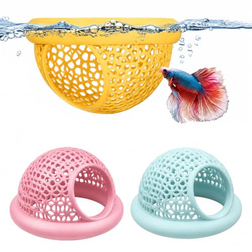 ZHITENG 3 Piezas Cueva Flotante Betta, Decoración Acuario Peces con Anillo | Alimentación Hamaca Flotante para Acuario Cueva de Pecera Suave, para Peces Betta y Tropicales (Rosa, Azul, Amarillo)