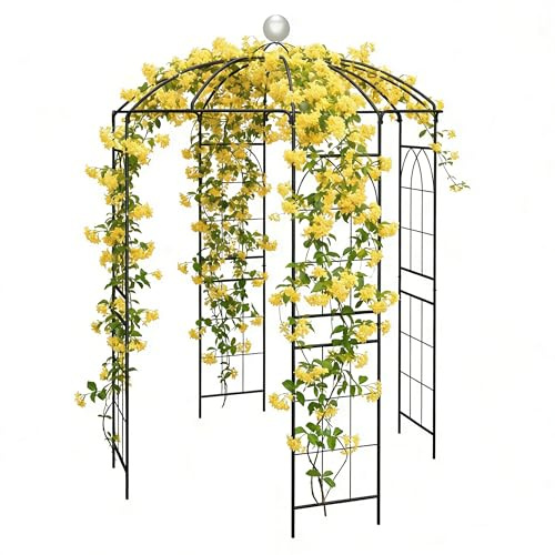 Arco de jardín de metal, altura 290 cm, pabellón resistente a la intemperie, arco rosa con ayuda para escalar, marco de acero con recubrimiento en polvo