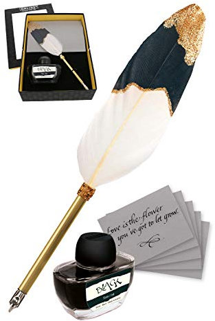 Online Kalligrafie Set Feather Dip, Vintage Calligraphy Schreibfeder mit Tintenfass 50 ml schwarz, 5 Grußkarten, Retro Dip Pen mit Kalligraphie-Feder 1,5 mm in Geschenkbox, veredelte Gänsefeder