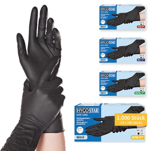 FRANZ MENSCH Hygostar Nitrilhandschuhe Safe Long | Latex- und puderfrei, schwarz, 8/M, 30cm, 1000 Stück, Einweghandschuhe, extra lang und robust, langer Schaft