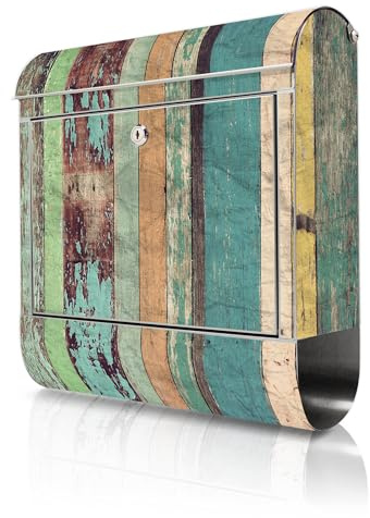 banjado Briefkasten Edelstahl 38x43x12cm & 2 Schlüssel - rostfreier Edelstahl Briefkasten mit Zeitungsfach - Postkasten A4 Einwurf inkl. Montagematerial - Motiv Bunte Bretterwand