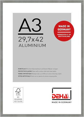 DEHA Design Bilderrahmen, 29,7 x 42 cm (A3), Aluminium, Grau matt, Posterrahmen zum Aufhängen im Hoch- & Querformat, bruchsicheres Kunstglas, Tribeca