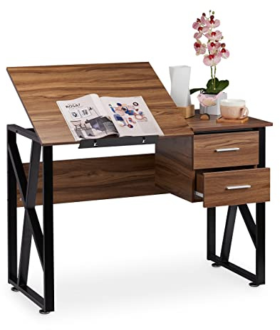 Relaxdays Schreibtisch neigbar, verstellbare Arbeitsfläche, Laptoptisch oder Zeichentisch, HBT 75x110x55cm, Holzoptik, 1 Stück