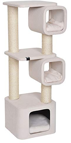 Ebi, Kratzbaum Modell Akita 37 x 37 x 111 cm, Weiß, mit Zwei Tunneln und Unterschlupf zum Entspannen, Stoff mit Komfortschaum, Unterstand mit Kissen aus Plüsch, Sisal und Stoff