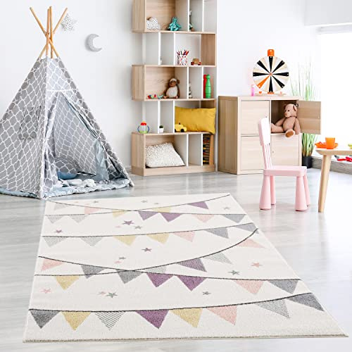 payé Teppich Kinderzimmer - Pastelfarben - Creme - 80x150 cm - Wimpel Girlande - Sterne Kurzflor Kinderteppich Spielteppich - Oeko-Tex Standard 100