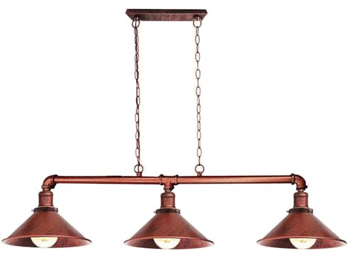 LEDSone 3 flammig Pendelleuchte Steampunk-Stil, mit Lampenschirm 220mm, Industrielle Lichtleiste im Retro-Stil, E27 Fassung Hängeleuchte, Metallrohr-Beleuchtung, Deckenleuchte Rustikales Rot