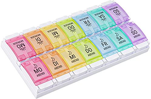 WELLGRO Tablettenbox für 7 Tage - Pillendose je 2 Fächer pro Tag - Klappdeckel mit Druckverschluss - Pillenbox Kunststoff BPA-frei - Farbe wählbar, Farbe:Bunt