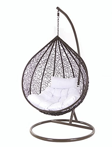 KIDEO Komplettset: XXL Hängesessel mit Gestell & Kissen, Korbsessel, Poly-Rattan, braun, groß (Kissen: Chesterstepp weiß [1000 Snow])