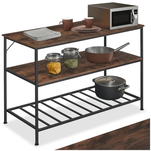 tectake® Scaffale Cucina, 3 Livelli, Ripiano a Sbarre, Scaffale Industriale, Metallo e Legno, Scaffale Salvaspazio, Ripiano d'Appoggio, Scaffale Design, Scaffale Portaoggetti - Industriale Scuro