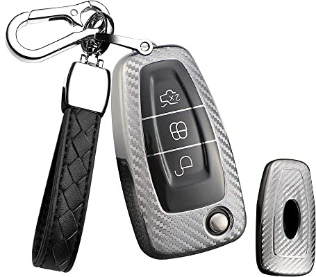 HIBEYO Klapp Autoschlüssel Hülle passt für Ford Schlüsselhülle Silikonschutz Cover für Ford Fiesta Focus Kuga Mondeo Karbonfaser-Muster Abdeckung Schutzhülle Fernschlüssel Flip Schlüsselbox-Silber