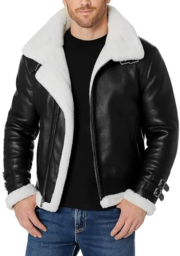 III-Fashions Mens Aviator B3 White Fur Shearling Pilot Removable Hoodie Black Flight Bomber Sheepskin Leather Jacket Coat, 3X-Large