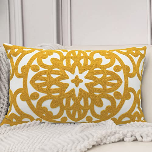 Alysheer Embroidered Lumbar Decorative Throw Pillow Cover 12x 20, Classic Boho Mandala Embroidery Pattern Cotton Rectangular Cushion Case for Sofa Couch Living Room Bedroom(Mustard Yellow)