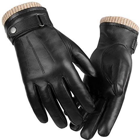 WLDOCA Echte Schaffell Leder Handschuhe für Männer, Winter Warme Touchscreen Texting Kaschmir gefütterte Fahr Motorrad Business Handschuhe,Schwarz,M