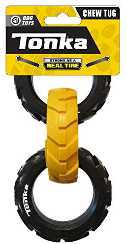 Tonka Rubber 3-Ring Tug Dog Toy, Lightweight, Durable and Water Resistant, 7.5 Inches, for Medium/Large Breeds, Single Unit, Yellow/Black