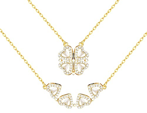 Dochais Collier Magnétique à Quatre Feuilles Coeur Ouvrable Or, Argent, Or Rose pour Femmes, Filles et Hommes