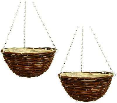 Fyne-Finds Set of 2, 30cm 12Inch Dark Brown Wicker Hanging Basket Lined Rattan Willow Weatherproof Planter
