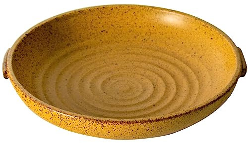 Japanese Style Antique Dinner Plate Handmade Stoneware Ceramic Tableware Retro Soup Bowl with Small Handle (Color : Yellow, Size : 8.8)