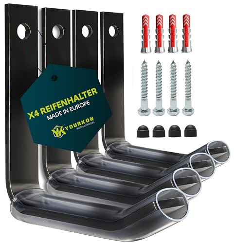 Yourkon WandFix: Reifen- und Felgenhaken 4er Set Platzsparende Wandhalterung für Reifen Tragfähigkeit bis 40KG inklusive Montagematerial Schwarz