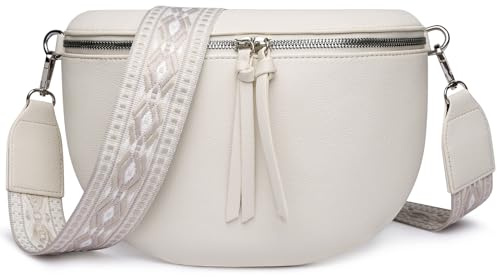 FOMAX Bauchtasche Damen, Crossbody Bag Breiter Schulterriemen im Bohemian Style, Umhängetasche Groß Extra Reißverschlussfach, Silberner Doppel-Reißverschluss Schultertasche