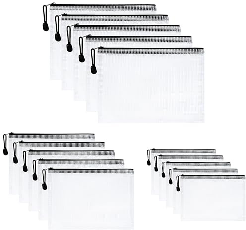 Vicloon Dokumententasche A3+A4+A5, 15 pcs Mesh Plastic Zip Bag | Wasserdichte Document Case, Reißverschlusstasche Zip Beutel Tasche Wallet Taschen Kunststoff Mesh Dokumentenmappen