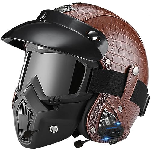 Casco Moto Vintage Stile Aperto Mezzo Bluetooth Casco In Pelle, Casco Scodella Moto Caschi Cromwell Con Maschera Occhiali Retrò Casco Demi-Jet Per Uomo Donna