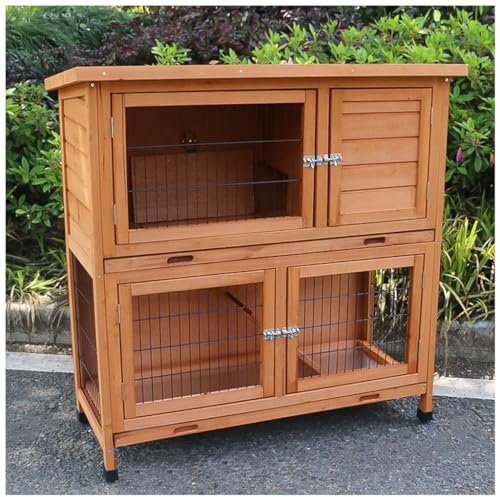 PetterShop 2-Level Holz Kaninchen im Freien, Indoor Kaninchen Haus Meerschweinchen Käfig, mit Lüftungstür Abnehmbares Tablett Wasserdichtes Dach