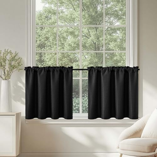 TOPICK Waffle Weave Textured Cafe Curtains for Kitchen, Black, W36 xL24