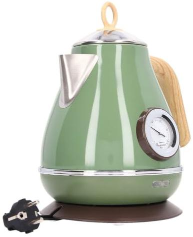 Bouilloire électrique Rétro à Grain de Bois, 1,7 L, contre L'ébullition Rapide, Thermomètre, Base à 360 Degrés, Prise Ue (GREEN)