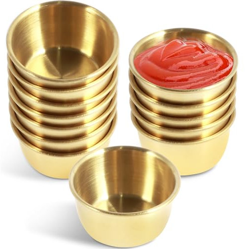 12Pcs Sauce Dipping Bowl 45ml Stainless Steel Dipping Cups Sauce Dishes Mini Multipurpose Condiment Seasoning Container for Home Party Restaurants (45ml (Gold))