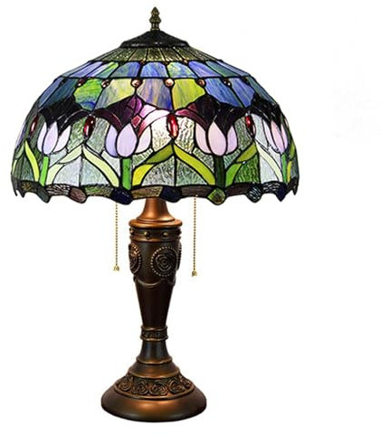 BOTOWI Tulip Lamp Tiffany Style Table Lamp, Stained Glass Lamp Shade With Rose Resin Base, 16X16X23 Inch Desk Bedside Reading Light, Home Decor Lighting Fixtures 2 Lights,Blue