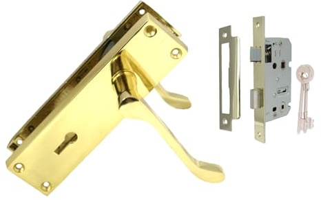 Brass Door Handles Interior Door Handles - Victorian Scroll Lock Handles & 3 Lever Sash Lock, Door Handles Multipack, Door Handles Set (1 Pair of Lock Handles + 3 Lever MORTICE SASH Lock)
