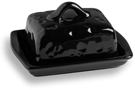 Sweejar Home Mantequera de cerámica con tapa, soporte para mantequilla en forma de queso, bonito plato de mantequilla para encimera, decoración de cocina y almacenamiento de mantequilla (color negro)