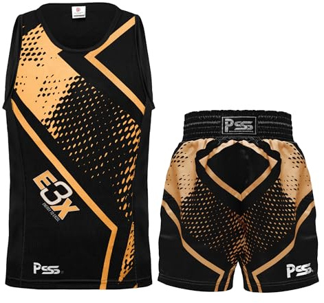 PSS Ensemble Boxe E3X Sublimation Enfants 3 à 14 Ans 2 Pièces Short + Débardeur Tenue Boxe Kick Boxing Muay Thai Boxe Anglaise Française 2 Modèles Noir Rouge Doré