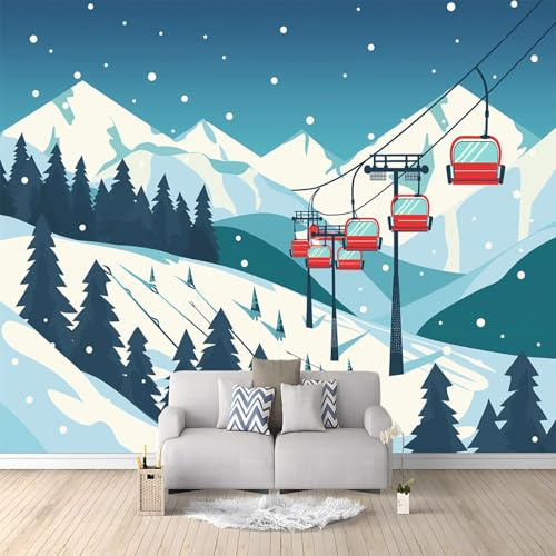Papier Peint intissé Montagnes Enneigées Pins Téléphérique 200x140 cm Papier Peint Photo Panoramique, Poster Geant Mural Personnalisé 3D, pour Salon Cuisines Chambre Adulte Enfant Décor Murale
