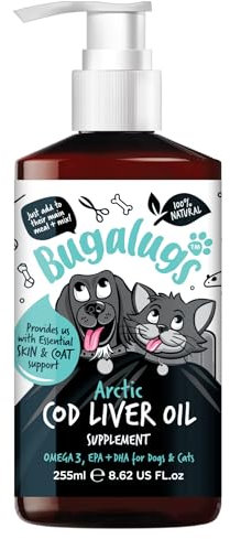 Bugalugs Cod liver Oil for Dogs & Cats, EPA & DHA, Fish Oil for Dogs Skin & Coat dog supplements health supplies for dogs more omega 3 for dogs than salmon oil for dogs uk (255ml, Cod Liver Oil)