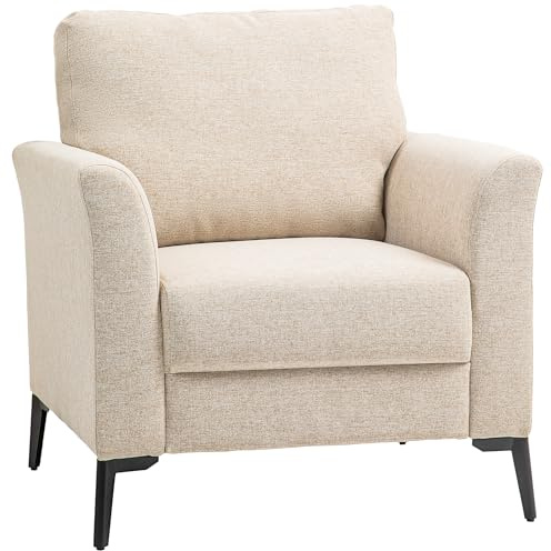 HOMCOM Modern Armchair, Upholstered Linen Fabric Accent Chair with Metal Legs, Wood Frame and Thick Padded Cushion for Living Room Bedroom Office, Beige