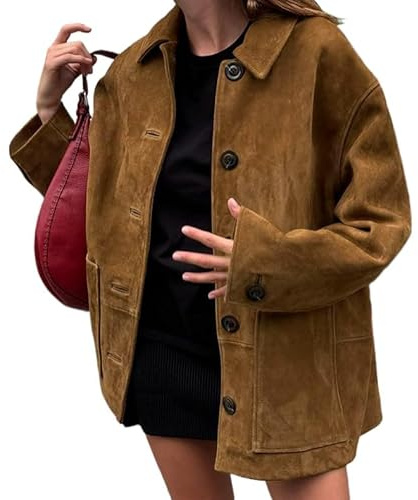 IDEALSANXUN Wildlederjacke für Damen, Herbst, Winter, lässig, übergroß, Kunstleder, Blazer, Jacken, Trenchcoat, Oberbekleidung, Braun, XL