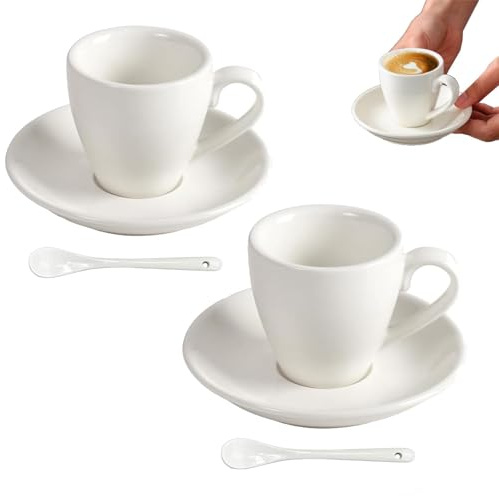 Lunpog Espressotasse aus Porzellan mit Untertasse und Löffeln aus Edelstahl, Espresso-Schnapsbecher, 80 ml, Weiß（ 2 Stück mit2 Löffeln）