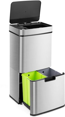 TANGZON 72L Automatic Sensor Kitchen Bin, 4 Compartment Stainless Steel Touchless Infrared Motion Waste Bin with Soft Closure Lid, Home Office Fingerprint-Proof Smart Wet Dry Trash Can Dustbin