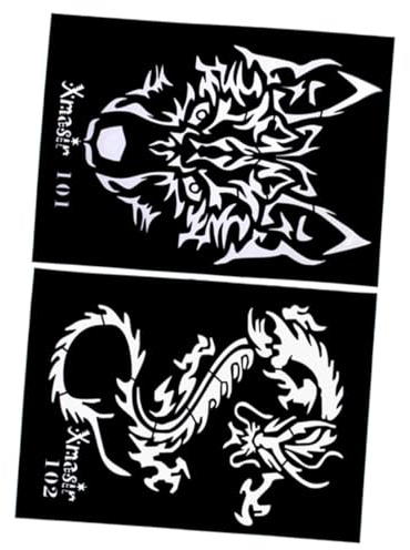 Healeved 4 Stück PVC Schablonen für Glitzertattoos mit Präziser Schnitttechnik Einfache Anwendung Coole Drachen- Wolf und Tiger Motive für Airbrush Tattoos Rücken