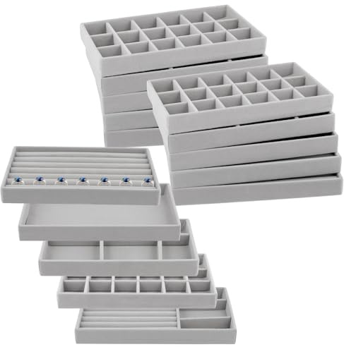 SINJEUN 15 Pezzi Organizzatore Gioielli, Vassoi Organizer da Cassetto, Porta Gioielli in Velluto Impilabili, Per Conservare ed Esporre Orecchini, Collane, Anelli, 21 x 12,5 x 2,5 cm, grigio