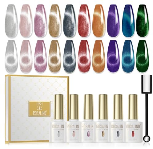 ROSALIND Esmaltes Semipermanentes Ojo de Gato, 10 Colores Plata Violeta Rojo Azul Verde Pintauñas Semipermanentes Cat Eye Gel Magnético con Imán, Soak Off UV/LED Esmalte de Uñas Magnetico Regalo