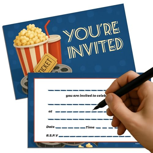 Cinema Themed Invitation Cards for Film Events - Popcorn & Ticket Design, 20pcs Kids Birthday Party Invites, 15x9cm Retro Fillable Double-Sided Cards for Movie Nights
