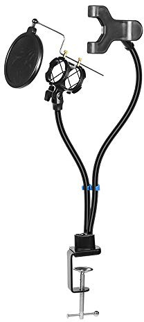 Microphone Stand 2-in- Mic And Smartphone Clip Holder Desktop Microphone Flexible Hose Support With Professional Shock Mount And For Live Streaming Recording Gaming Video Chatting